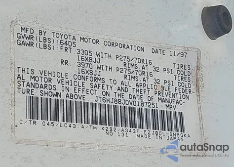 1997 Lexus Lx 450 z USA, uszkodzony, nr VIN JT6HJ88J0V0187251